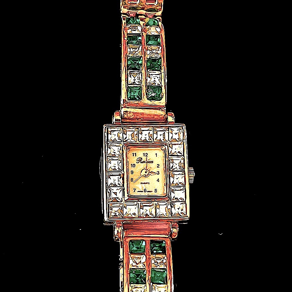 Ronica Vintage Women's Faux Emerald Rhinestone Watch - NOS